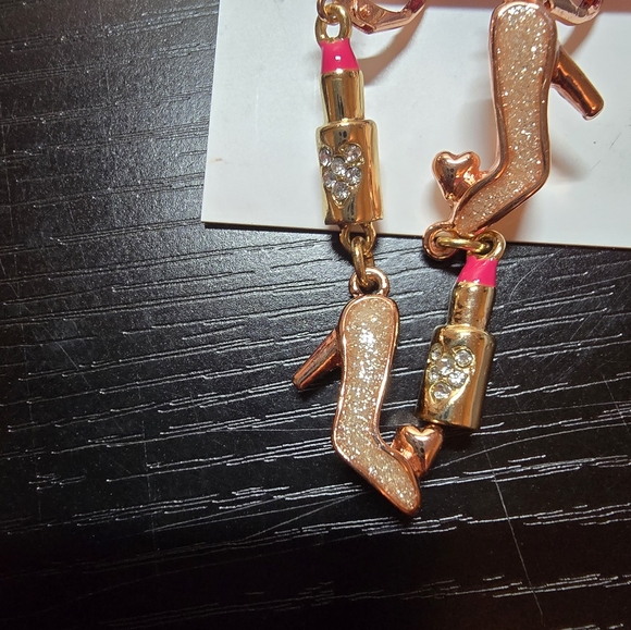 Betsey Johnson Gold and Pink Lipstick Shoe Earrings - Picture 3 of 3